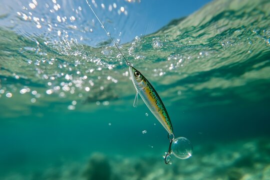 Underwater view of fishing lure suspended in water surrounded by bubbles and sunlight at a clear coastal location