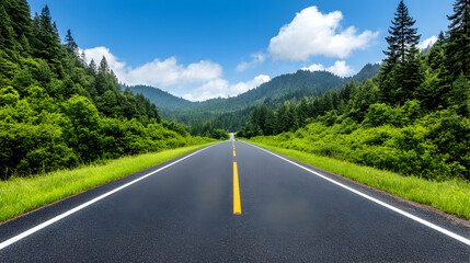 Fototapeta premium Scenic asphalt road through lush green forest, mountains under blue sky