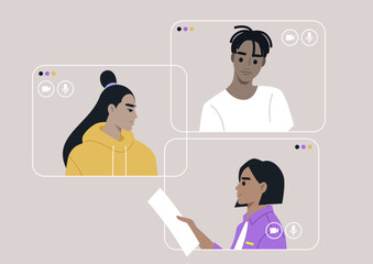 Three distinct window frames showcase participants in a virtual gathering, each engaged in thoughtful discussion and interaction, fostering a sense of community online