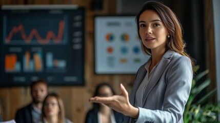 A businesswoman presenting a marketing strategy to a group, using a projector. 