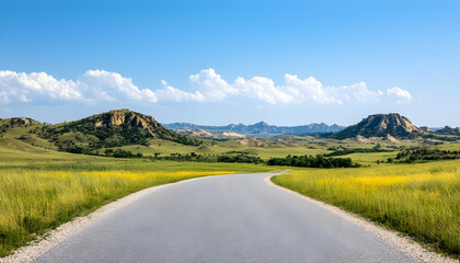Scenic highway curving through a grassy plain towards distant hills under a bright blue sky