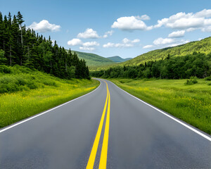 Fototapeta premium Scenic highway curving through lush green valley under a bright blue sky
