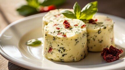 Basil and sun-dried tomato compound butter, artistically shaped and placed on a Mediterranean-style dish