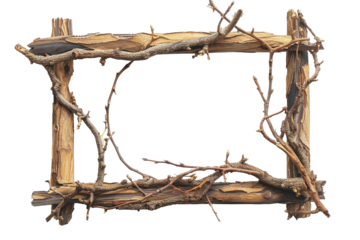 Wooden rectangular frame decorated with climbing branches with empty space in the center cut out on transparent background