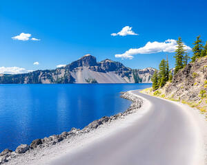Obraz premium Scenic road curves along a vibrant blue lake, with a majestic mountain in the background under a bright, sunny sky