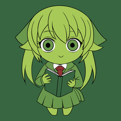 A cute green frog cartoon character with a funny face and wide eyes, like a baby owl, smiles happily