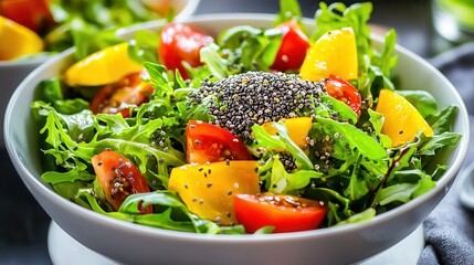 Chia seed vegan healthy fats boost. Fresh mixed salad with vibrant vegetables and seeds.