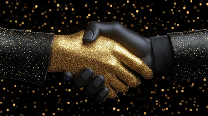 A striking image of two hands shaking, one adorned with glitter, symbolizing unity and collaboration against a shimmering backdrop.
