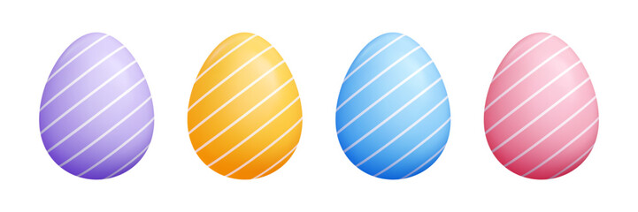 Diagonal striped 3D Easter eggs set - pastel purple, yellow, blue, red oval shapes with white slanted lines pattern. Colorful glossy spring holiday ornaments for greeting card, invitation design.