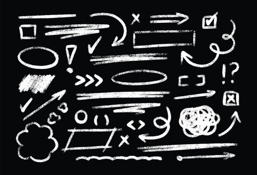 White chalk hand drawn design accents on blackboard - arrows, lines, circles, scribbles. Rough chalk borders, underlines to highlight text, draw attention. Freehand pencil stroke set on dark.