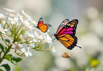 Naklejka premium Delicate white flowers and vibrant butterflies flutter gently, pollination, insect