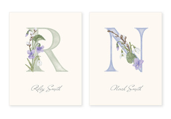 Customizable name poster with floral watercolor monogram. Editable letter with realistic watercolor effect. Personalized template for nursery decor, birth announcement, baby gift.