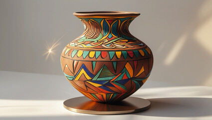 Vibrant Senegalese Vase with Intricate Patterns on Minimalist Metal Base, Showcasing African Craftsmanship