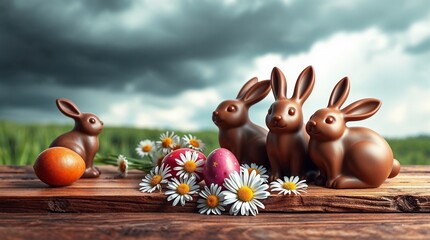 Quatre lapins en chocolat avec des oeufs de Pâques et des marguerittes.