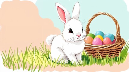 Illustration d'un joli lapin et d'oeufs de Pâques dans un panier