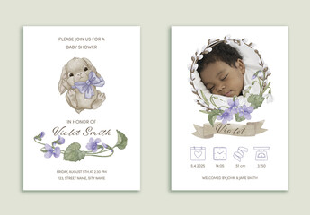 Customizable baby shower invitation and birth announcement card set with watercolor floral designs, delicate hand-drawn elements, and editable text for personalized printable keepsake.
