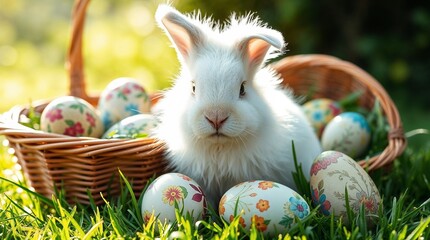 Lapin avec des oeufs de Pâques décorés avec des fleurs dessus