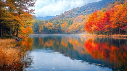 Fototapeta premium A serene lake surrounded by autumn foliage, reflecting vibrant colors. 