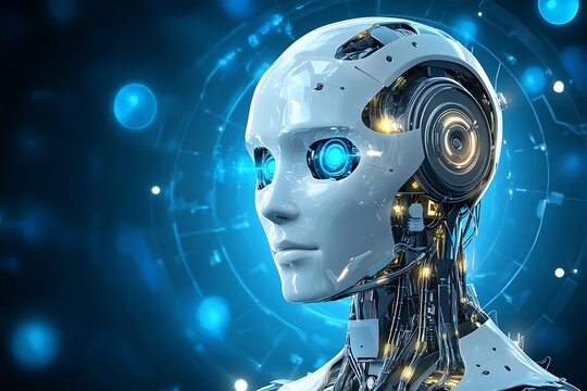 Robot portrait: Future tech for AI, face, advanced circuitry & glowing digital network.