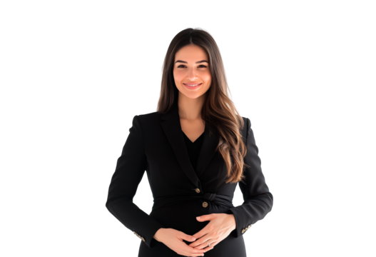 Pregnant woman in professional attire posing with hands on her belly isolated on transparent background - Powered by Adobe