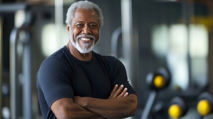 Obraz premium Engaged male athlete smiling confidently in a modern gym setting during workout session