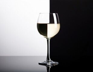 Elegant wine glass with white wine on reflective surface with monochrome background