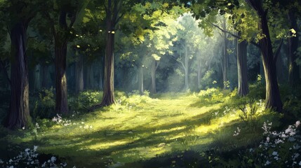 Obraz premium A secluded forest glade with sunlight filtering through the trees, casting shadows on the ground. 