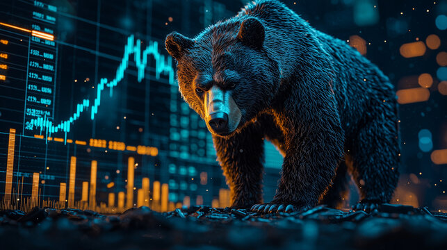 Puissant ours symbolisant un march&eacute; baissier &ndash; Illustration dramatique avec &eacute;clairage bleu