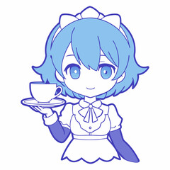 Cute smiling little girl in white and blue dresses, a vector illustration of childhood fun