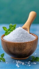 Sea Salt in Wooden Bowl for Mint Garnish.