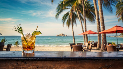 Empty wooden bar counter on blurred background of sunny beach with vacationers and palm trees on seashore