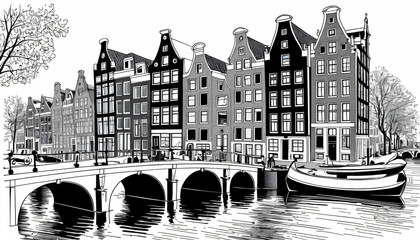 Sketch of Amsterdam in black and white.