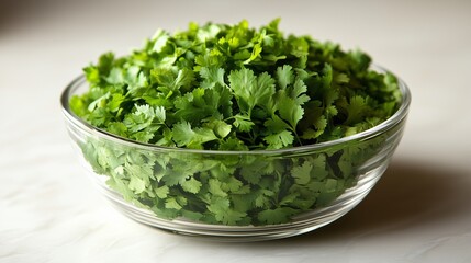 **A transparent bowl filled with fresh coriander leaves, the green popping against the white background.