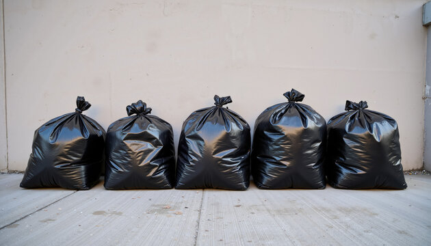 Neatly lined black trash bags against white wall representing organized junkyard waste collection