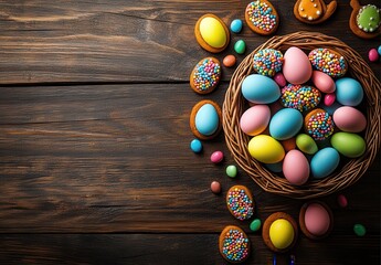 Obraz premium Colorful Easter Eggs and Festive Cookies Displayed in a Basket on a Rustic Wooden Surface for Spring Celebrations and Holiday Inspiration