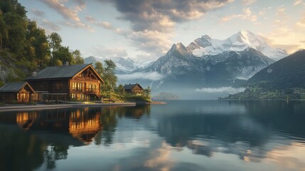 Fototapeta premium cinematic view of the Norwegian fjords at twilight, with steep cliffs rising dramatically from still, glassy water.