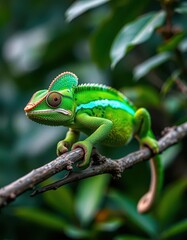 Fototapeta premium Vibrant green Ambanja Panther Chameleon on branch, chameleon, scaled