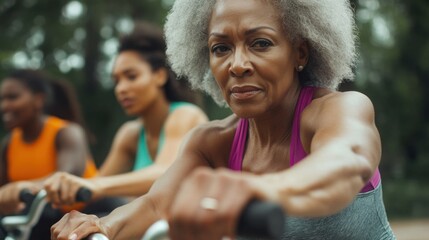 Experienced athletes engage in rowing workout at outdoor gym session
