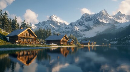 Fototapeta premium cinematic view of the Norwegian fjords at twilight, with steep cliffs rising dramatically from still, glassy water.