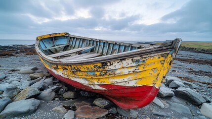 Derelict fishing boat with chipped paint, beached on a rocky coastline