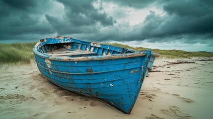 Fototapeta premium Decrepit blue boat with flaking paint, stranded on a sandy beach under stormy skies