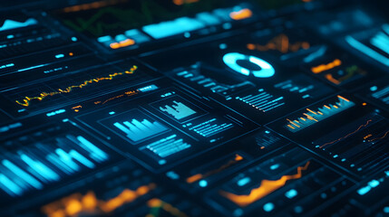 Obraz premium Cybernetic Vista: Futuristic data dashboards illuminate the digital realm, showcasing intricate information displays with captivating visualizations, representing the complexities of the modern world.