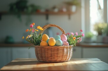 Colorful Easter Eggs and Fresh Flowers in a Woven Basket Celebrating Spring in a Bright and Cozy Kitchen Environment