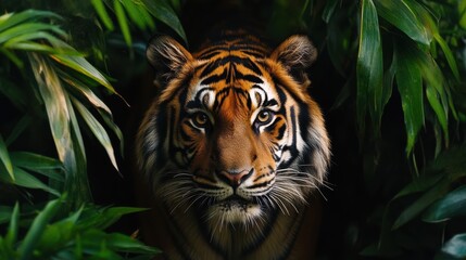 Fototapeta premium A beautiful tiger is positioned amid lush green foliage, showcasing its striking fur patterns and powerful presence. The environment is lively, highlighting the tiger's natural beauty