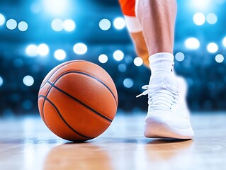Naklejka premium Basketball player dribbling ball on court in arena