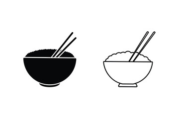 Rice Bowl Icons Black, White, Chopsticks, Asian Cuisine, Food
