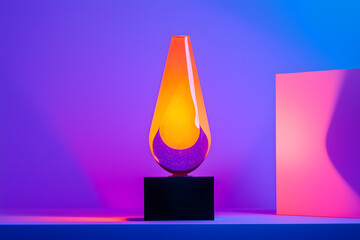 retro lava lamp casting orange and purple light in dark room
