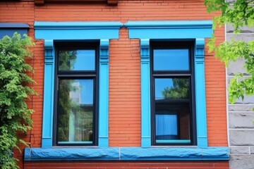 Obraz premium Elegant brick building facade featuring vibrant blue window frames, showcasing a blend of classic architecture and modern design elements in a lively urban setting