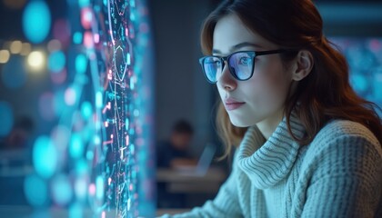 Woman wearing glasses analyses data on a large display in modern office. Female tech expert focused on work with digital tech. Data science, business analytics, artificial intelligence.