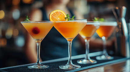 Crafting vibrant cocktails at a lively bar during the golden hour, showcasing artistry and flavor in every glass